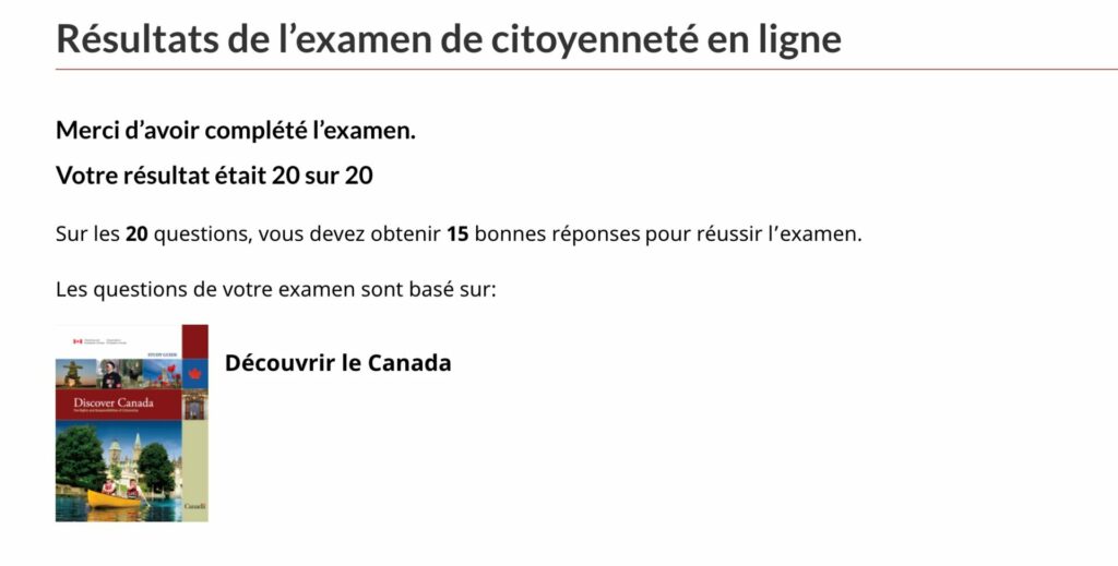 Citoyenneté Canadienne - Examen de Citoyenneté résultat